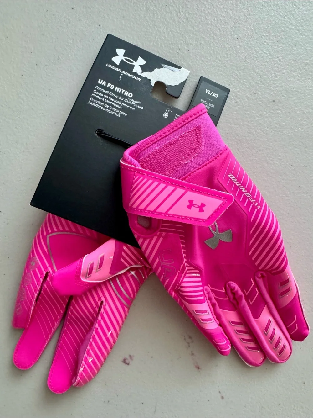 Under Armour F9 Nitro Football Gloves. Youth Large. Glue Grip. Pink. NWT
